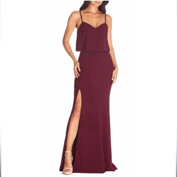 Dress the Population Gracelyn Blouson Jersey Maxi Gown Thigh High Slit Burgundy - Picture 2 of 14